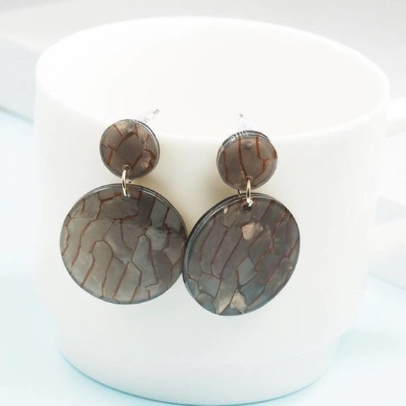 Dainty Charcoal & Bronze Round Drop Earrings - Picture 2 of 6
